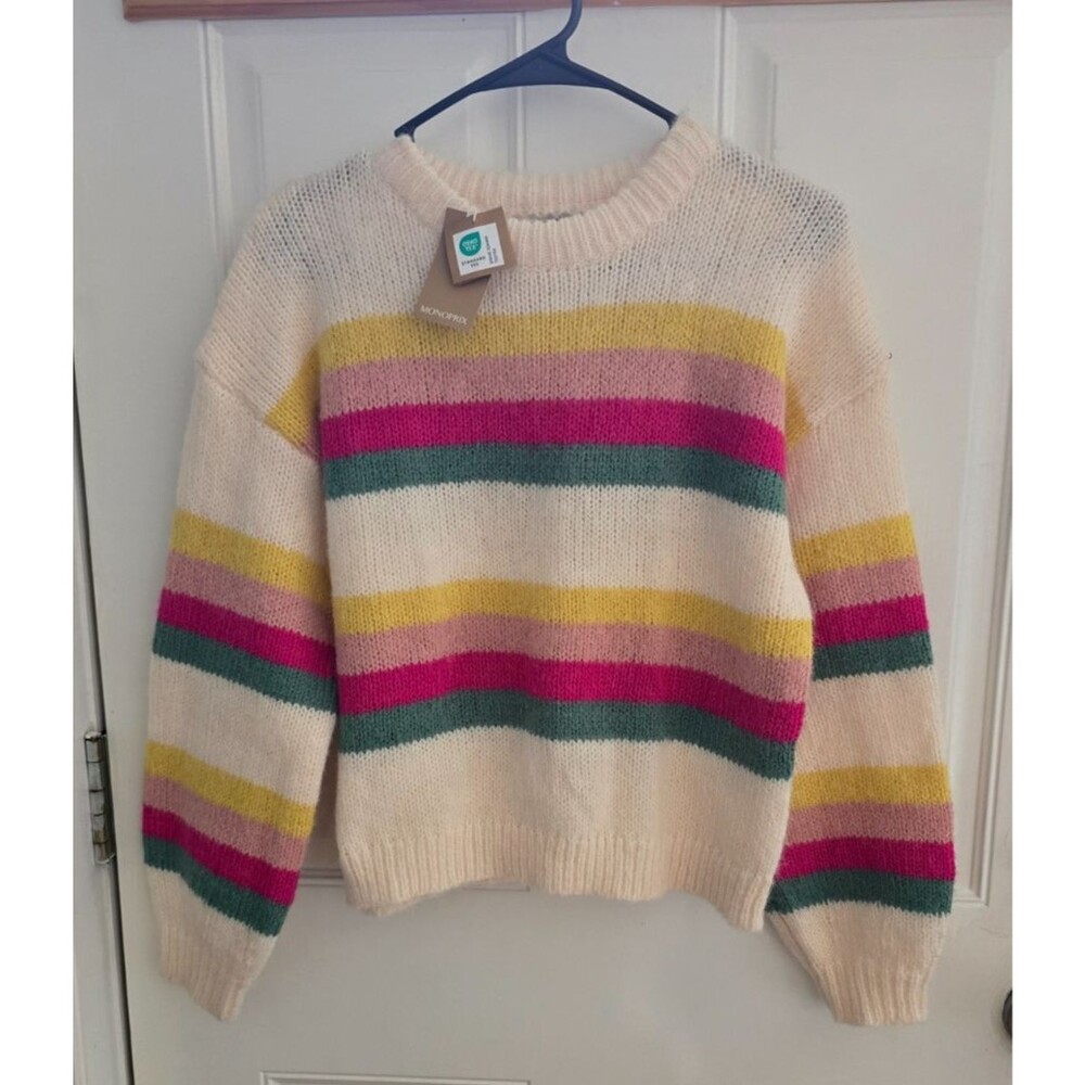 NWT Monoprix Women's Striped Fuzzy Knit Sweater Cream Pink Yellow Size 12